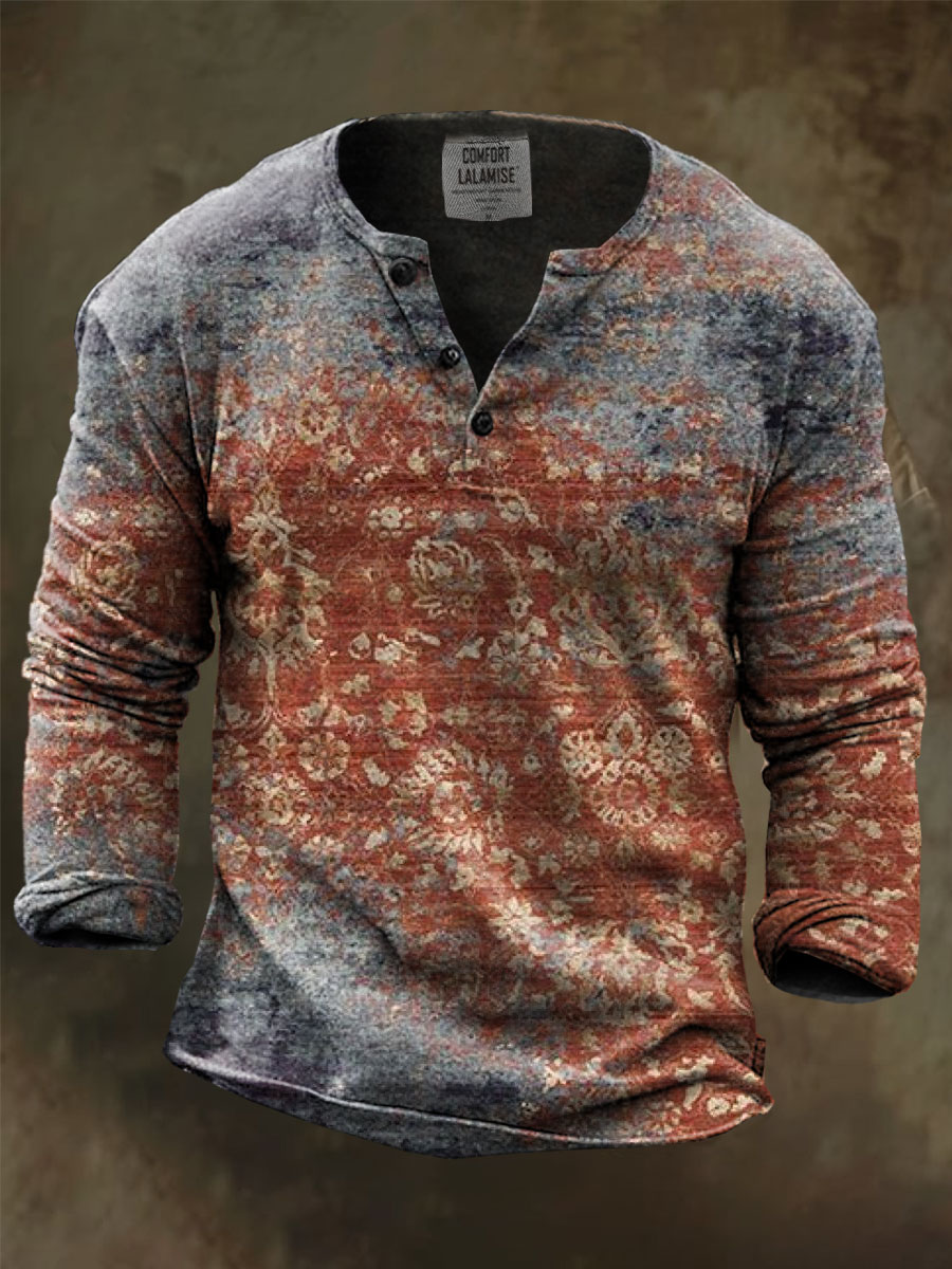 Retro Art Print Henley Sweatshirt