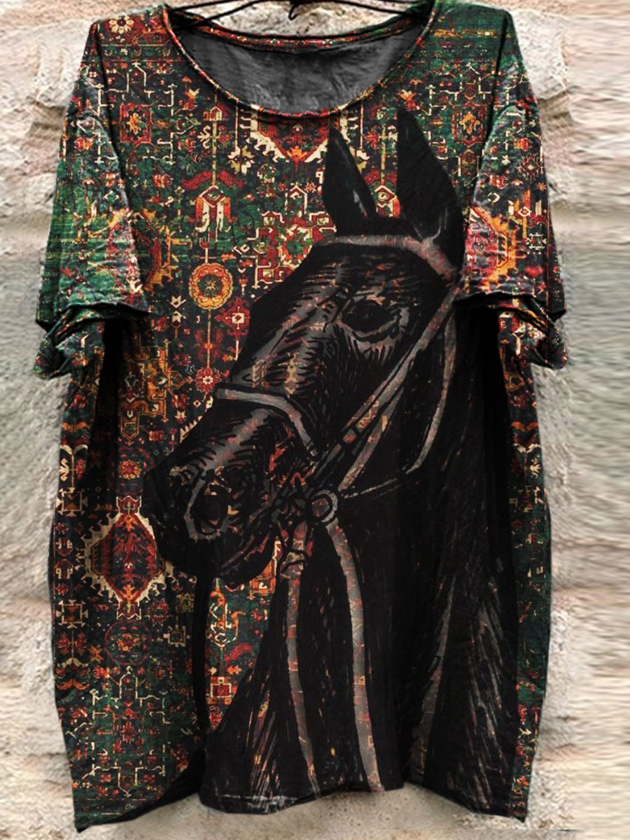 Vintage Horse Print Casual T-shirt