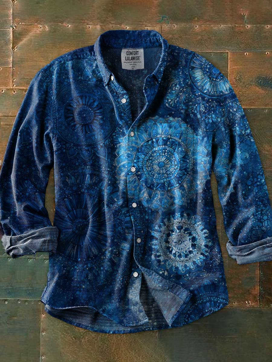 Vintage Blue Mandala  Art Print 100% Cotton Long Sleeve Shirt