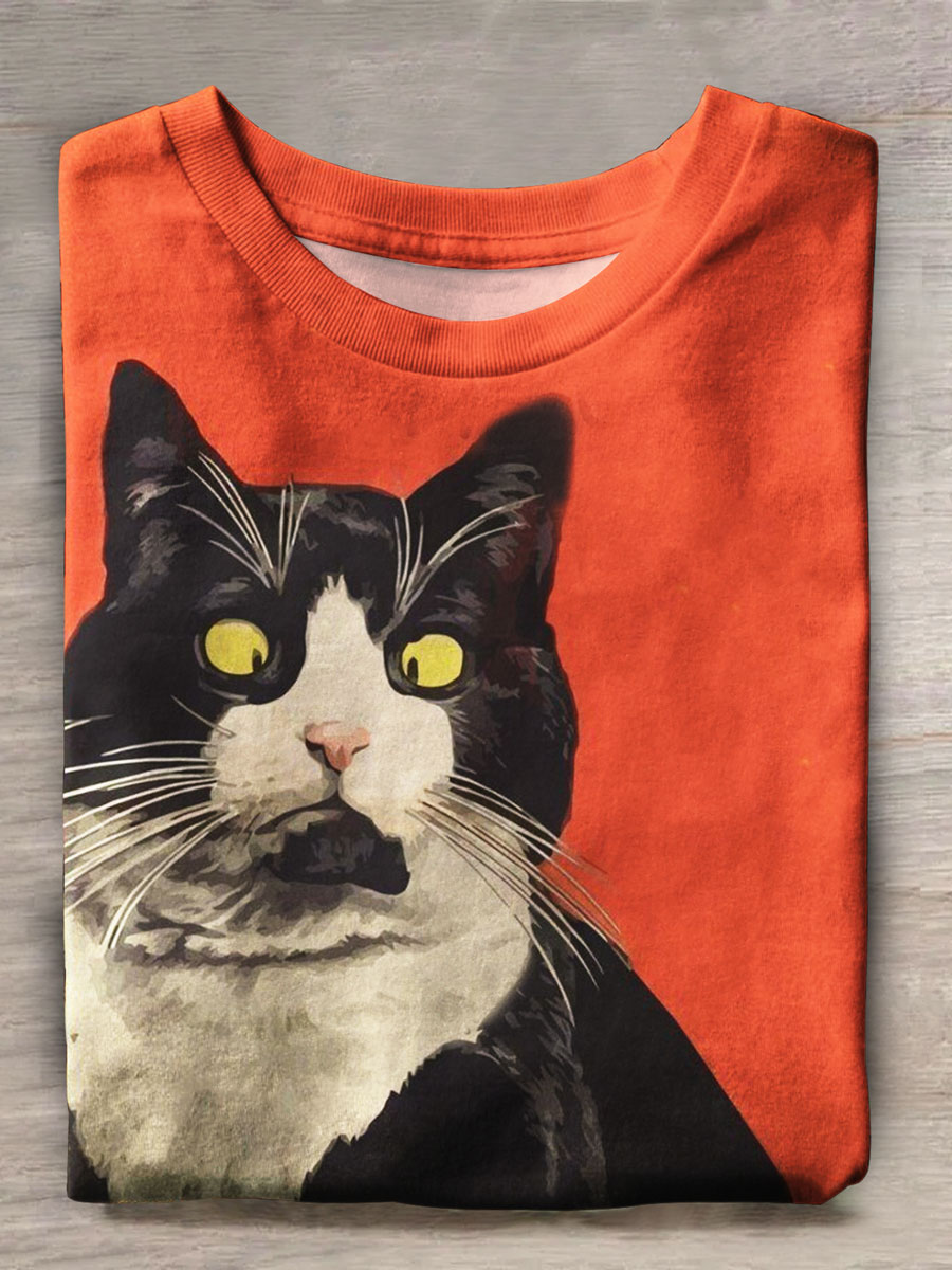 Vintage Cat Print Casual Top