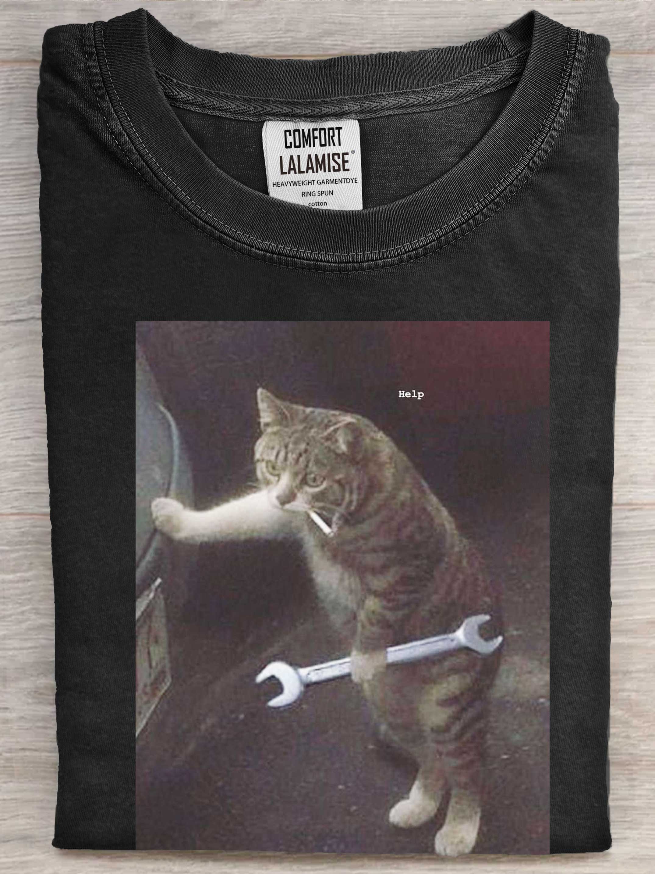 Funny Cat Help Art Print Cotton Casaul Short Sleeve T-shirt