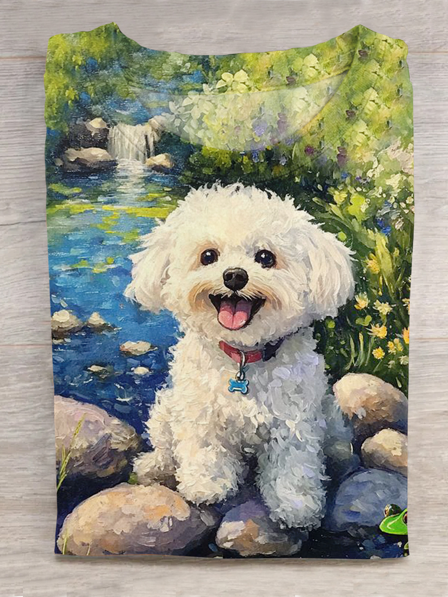 Dog Art Printed Crew Neck Short Sleeve T-Shirt