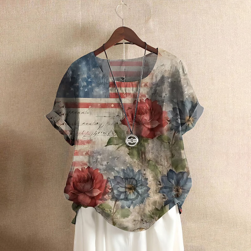Women's Casual Cotton And Linen Round Neck Independence Day Floral Shirt