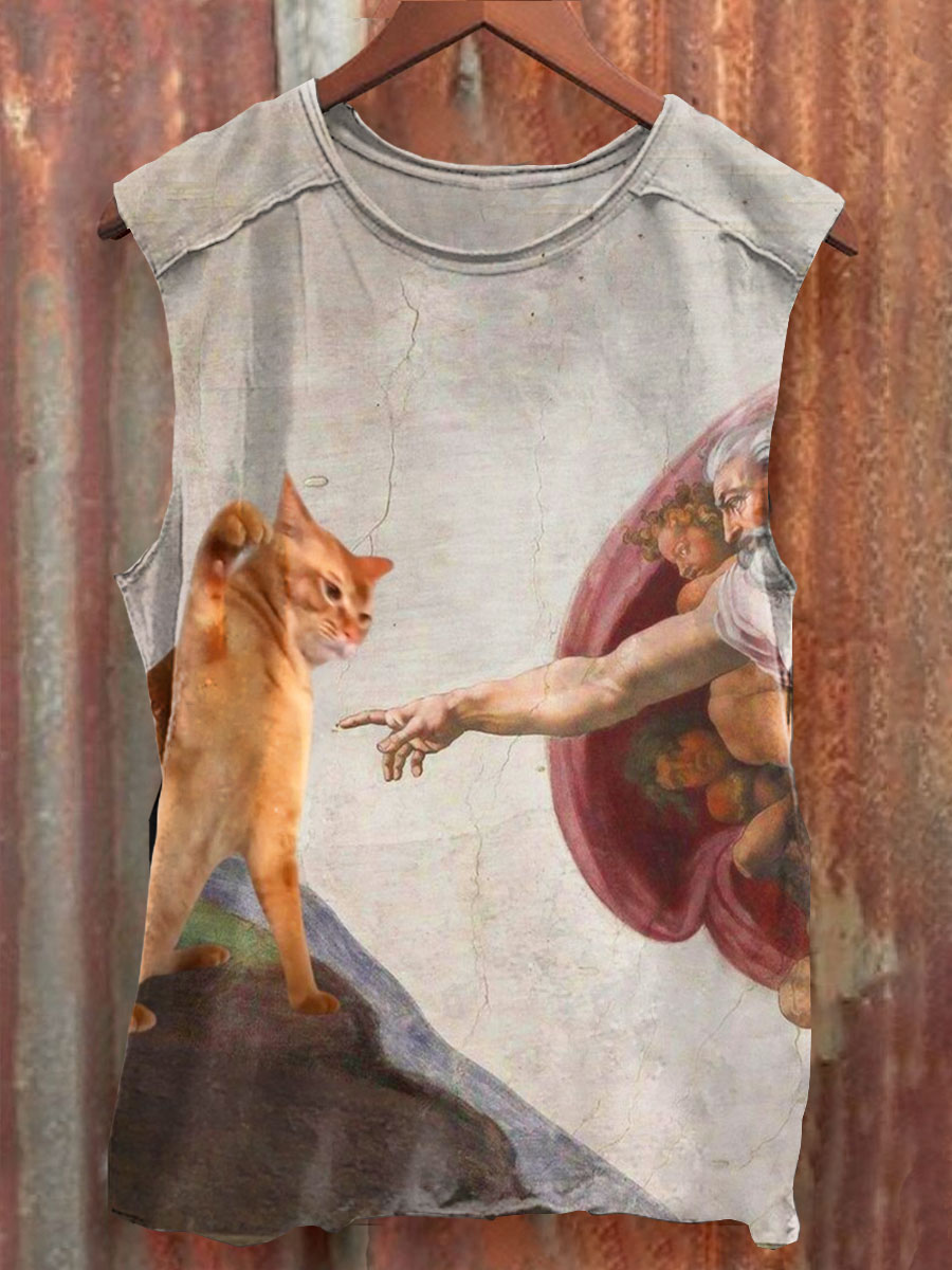 Vintage Funny Cat Art Print 100% Cotton Casual Tank Top