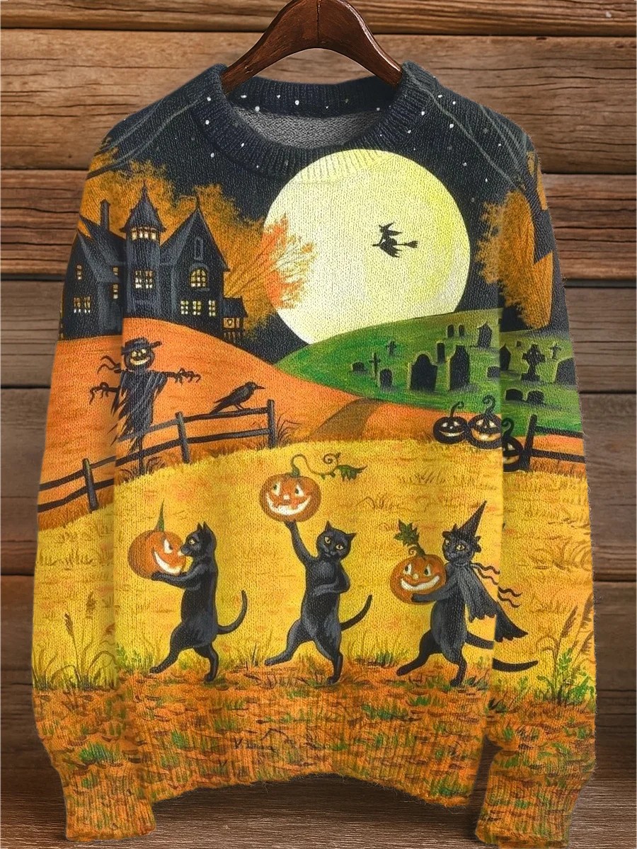 Witch's Black Cat Halloween Art Print Knit Pullover Sweater