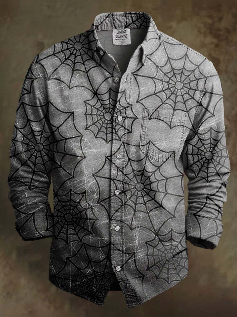 Gradient Spider Web Halloween Art Print 100% Cotton Long Sleeve Shirt