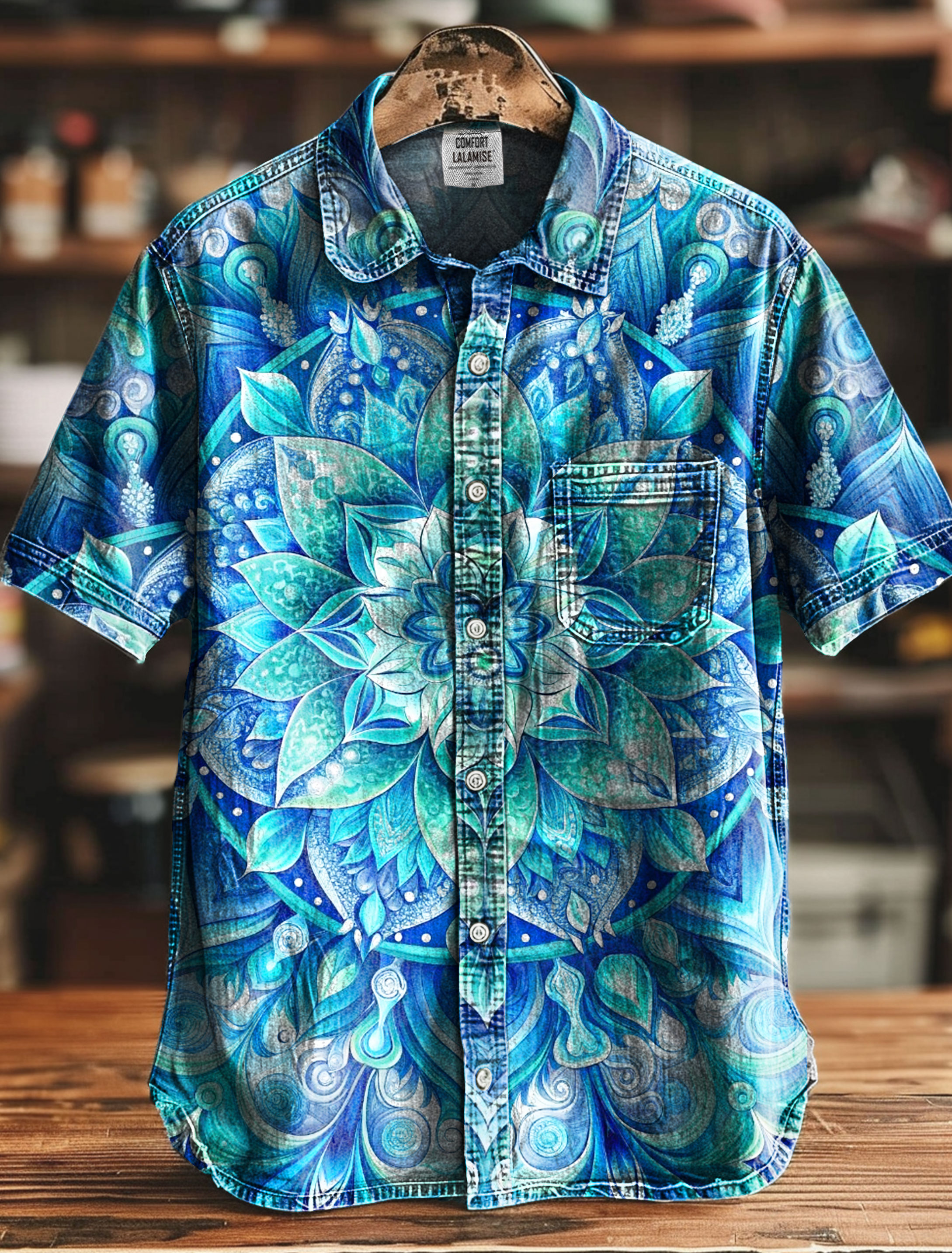 Vintage Blue Mandala Art Print Casual 100% Cotton Shirt