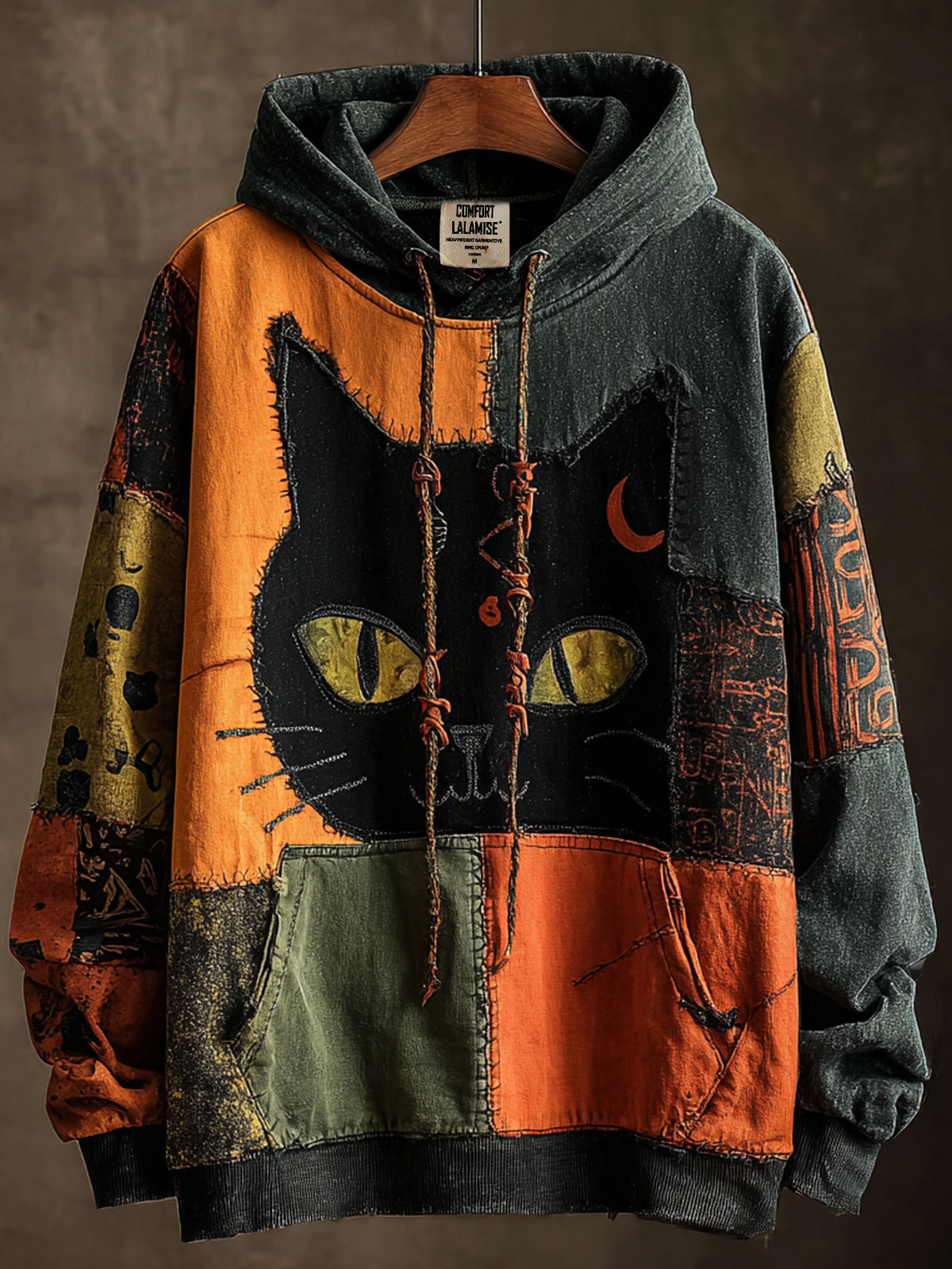 Vintage Black Cat Halloween Patchwork Art Casual Sweatshirt