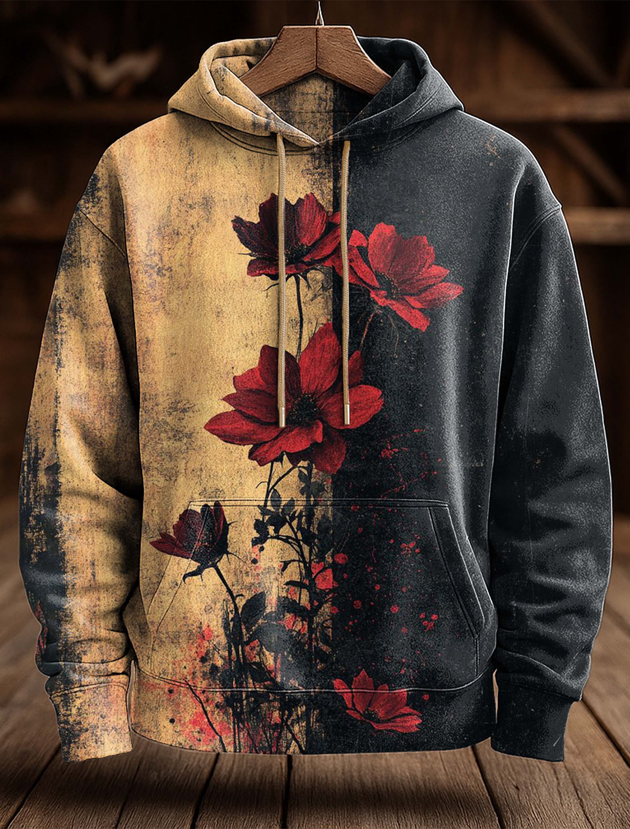 Retro Rose Splash Art Print Casual Hooded Sweatshirt