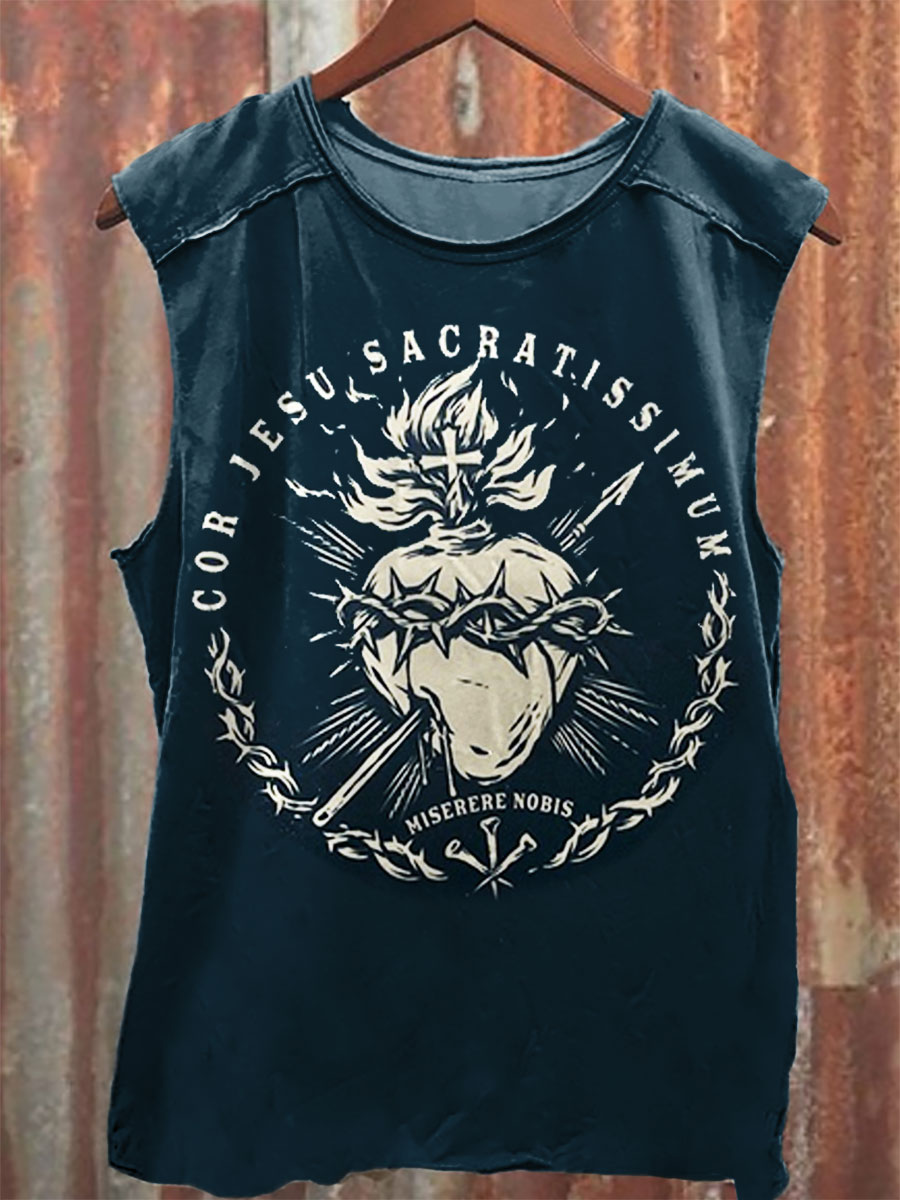 Cor Jesu Sacratissimum Vintage Print 100% Cotton Casual Tank Top