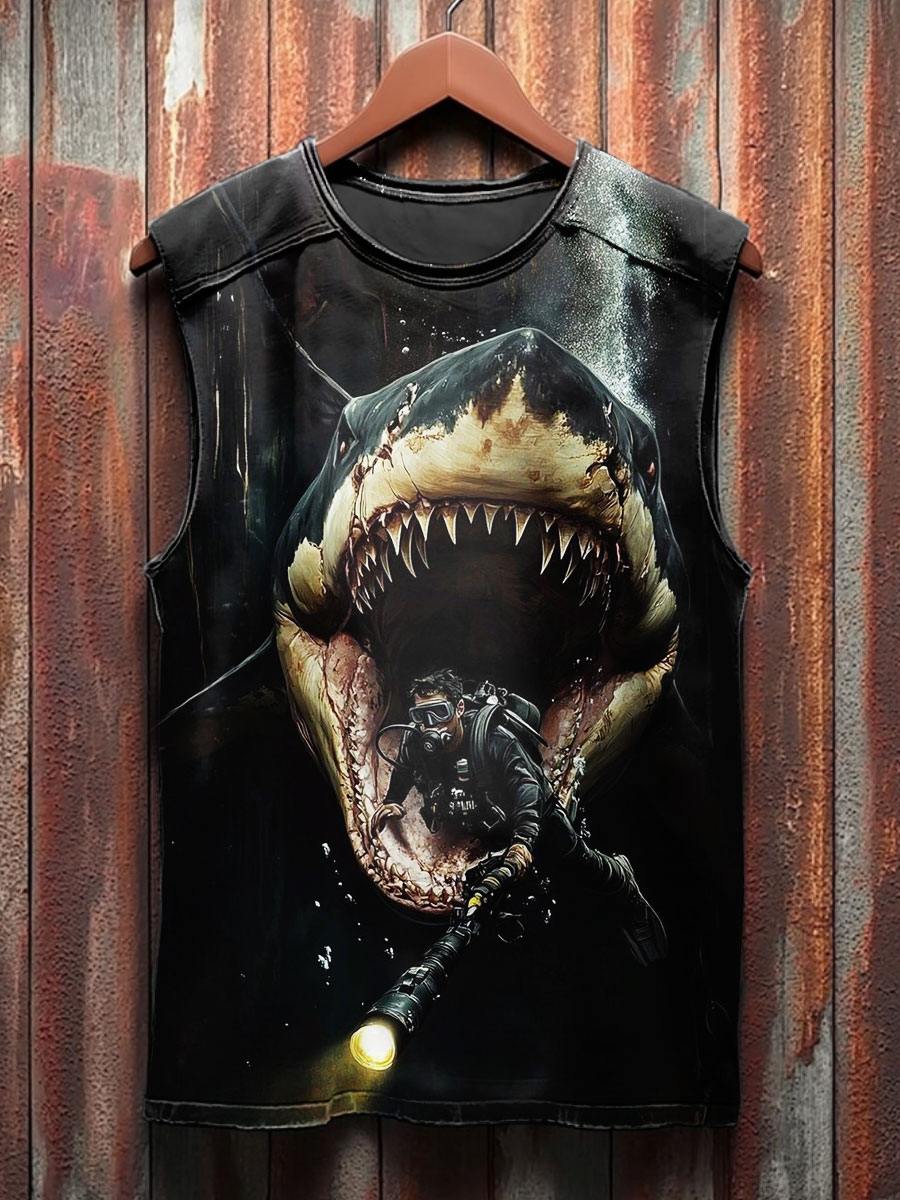 Vintage Shark Print 100% Cotton Casual Tank Top