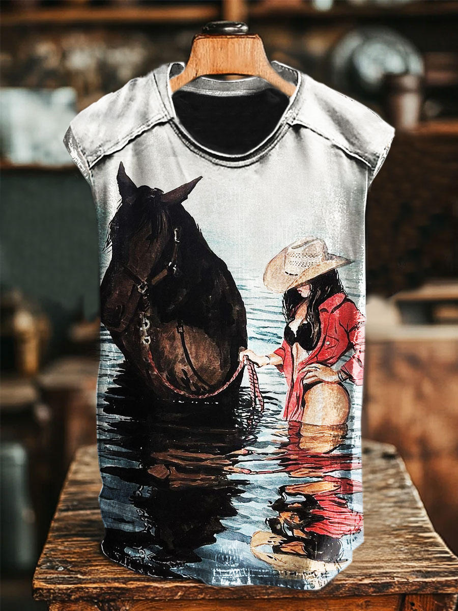 Cowgirl Art Print 100% Cotton Casual Tank Top