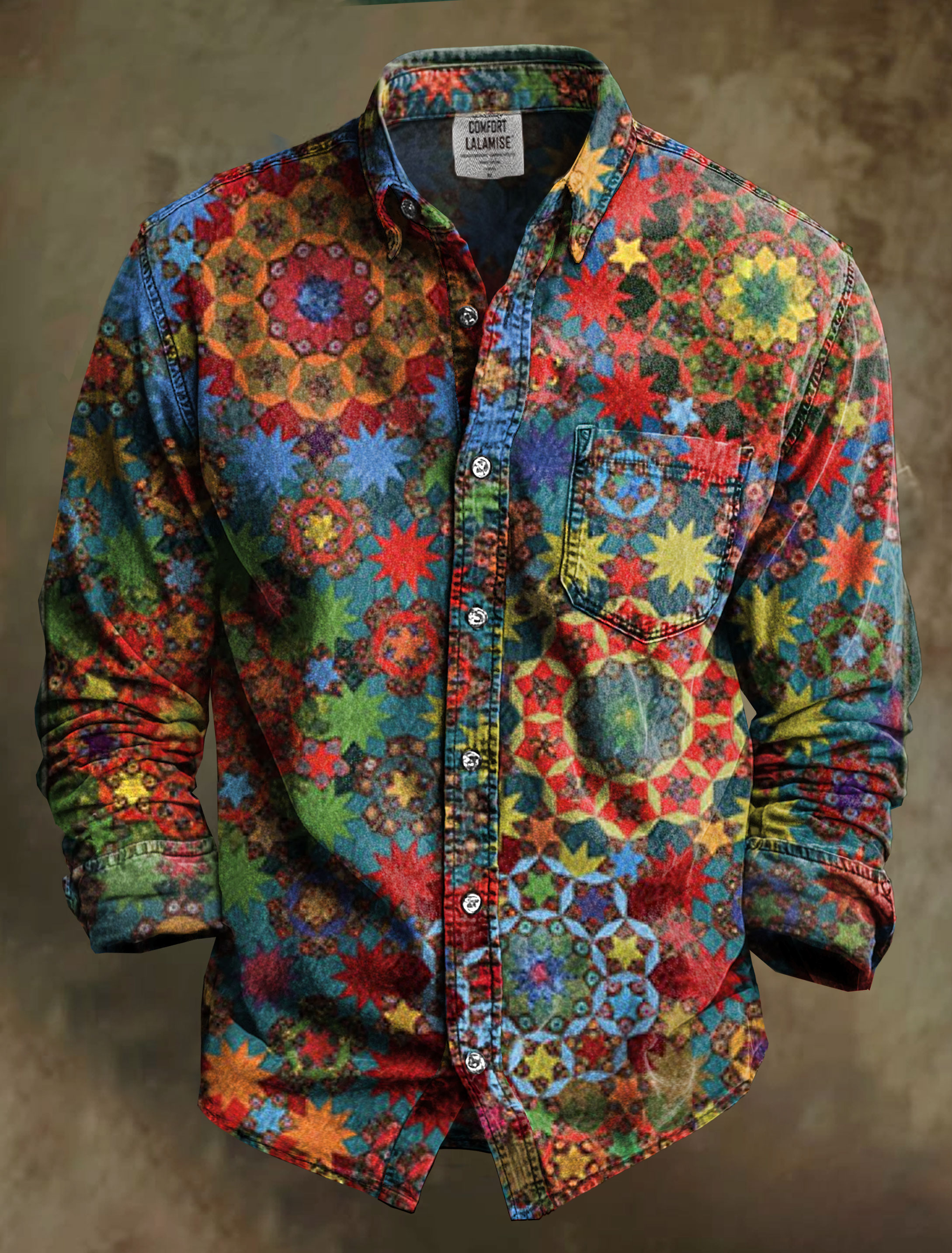 Vintage Abstrct Floral Art Print 100% Cotton Long Sleeve Shirt
