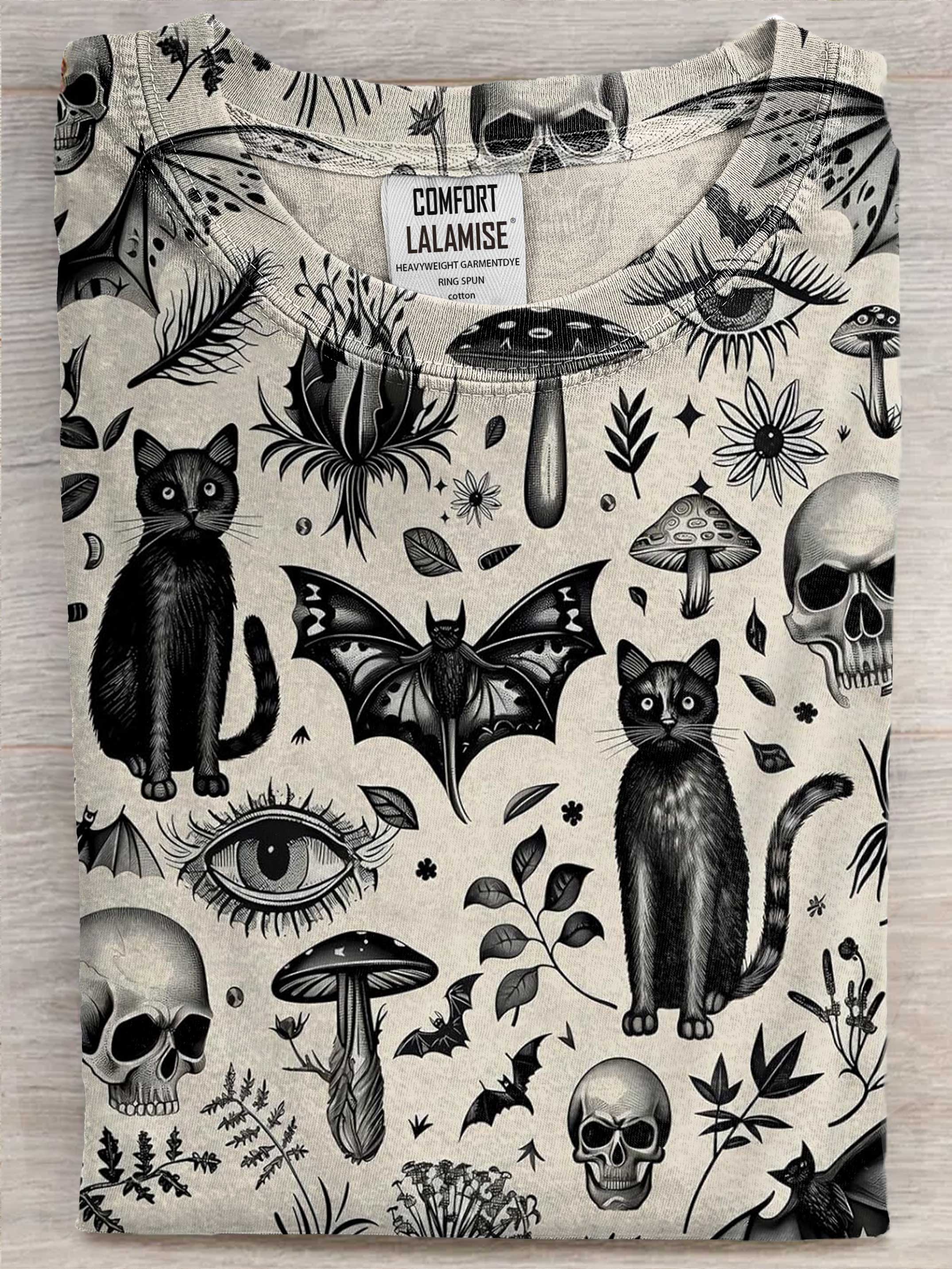 Spooky Goth Black Cats Skulls Bats Art Casaul Cotton Short Sleeve T-shirt