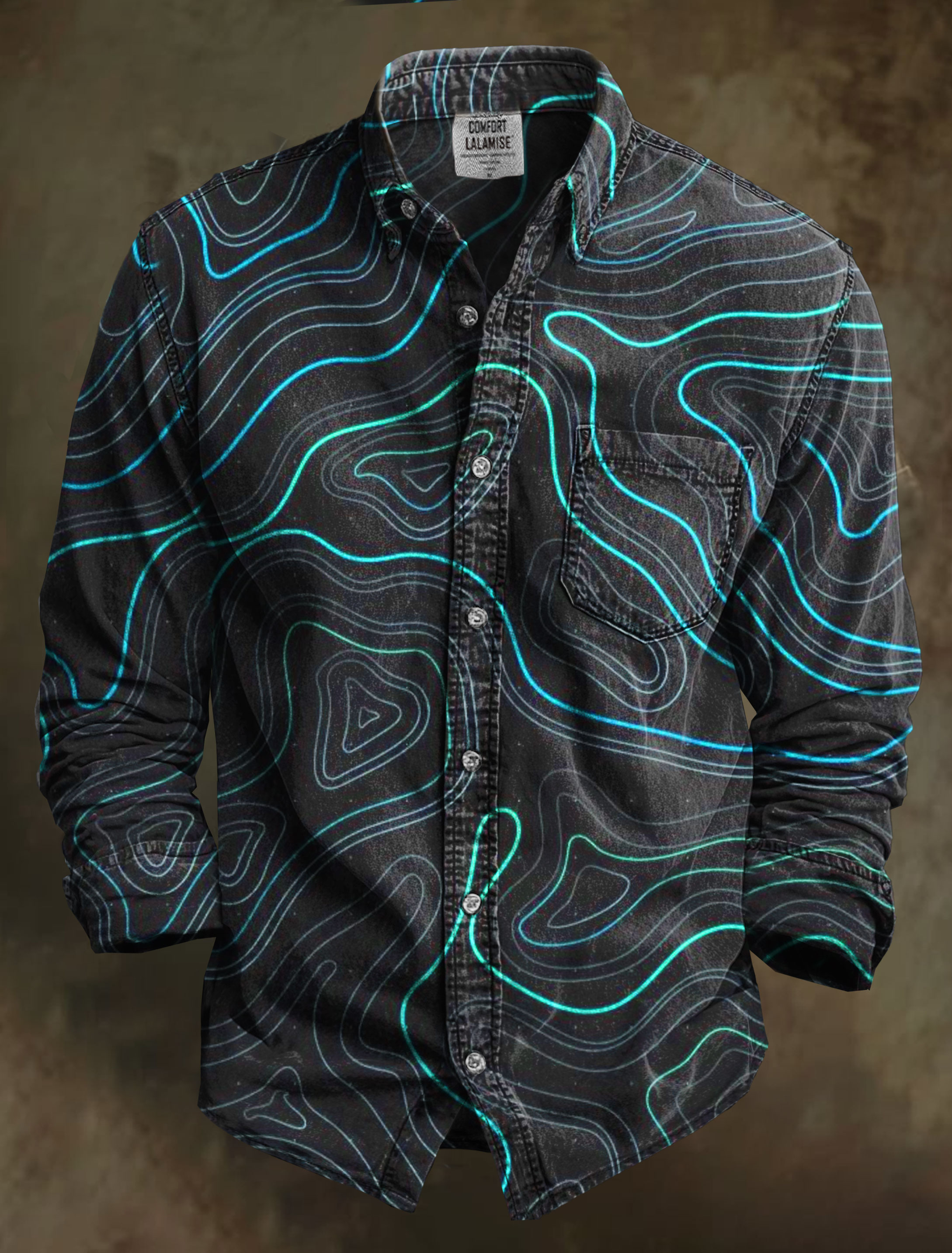 Vintage Abstrct Line Wave Art Print 100% Cotton Long Sleeve Shirt