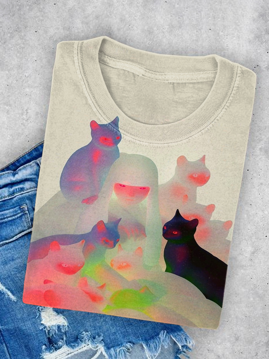Women's Cat Art Illustration Printed Casual Short Sleeve T-Shirt