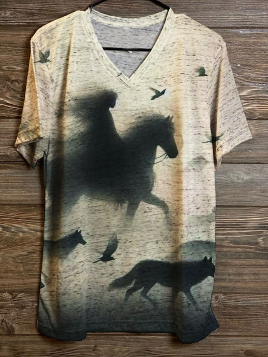 Horse Print V-neck Casual T-Shirt