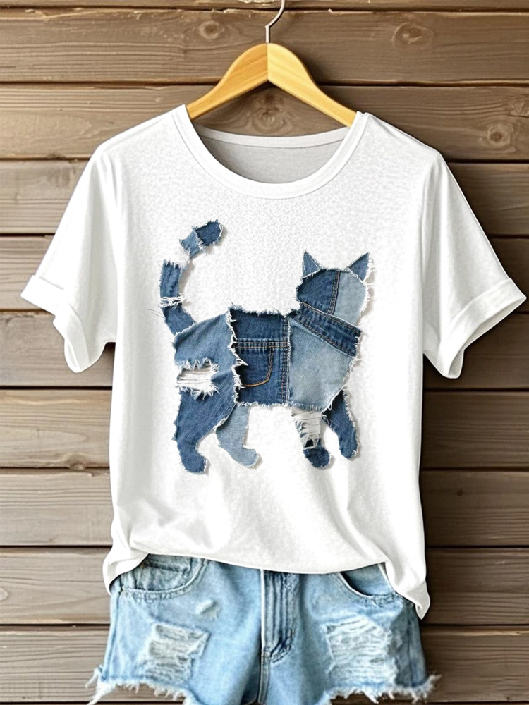 Women's Cute Cat Denim Patchwork Art T-shirt