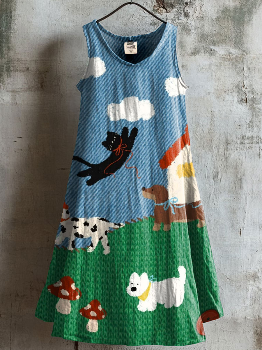 Cute Art Print V-neck Pocket Cotton Dress