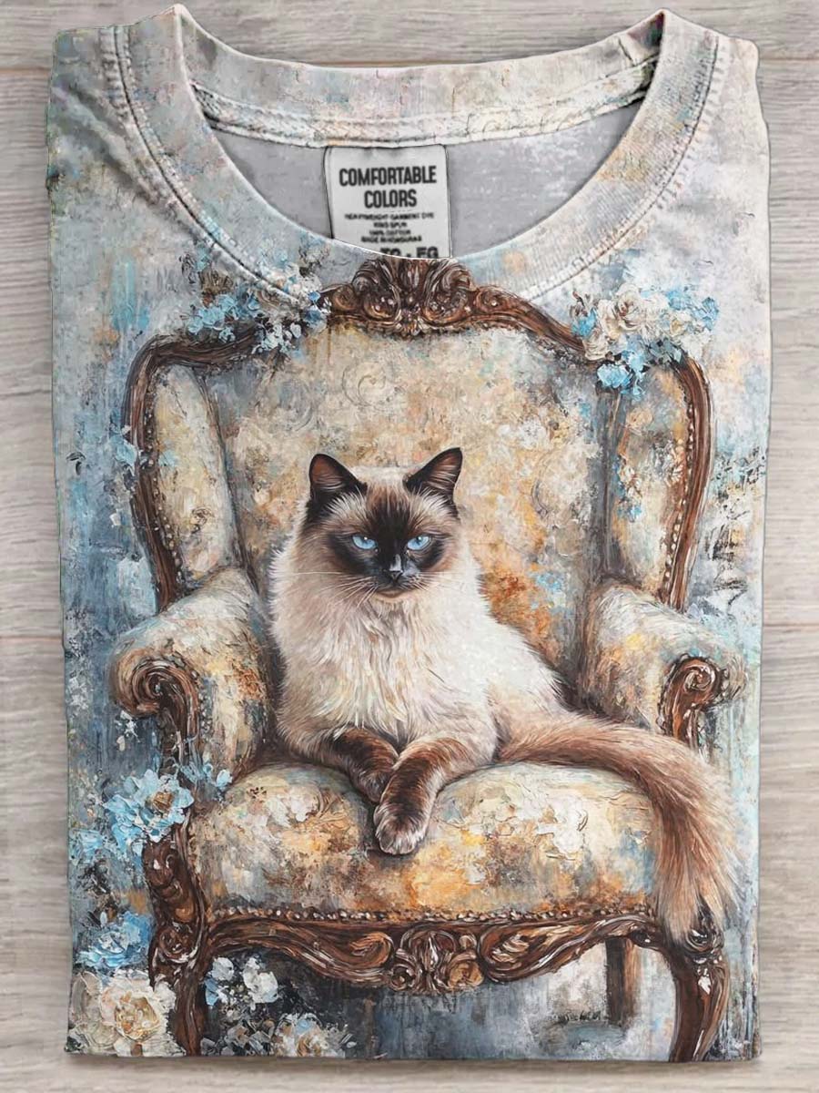 Cute Art Oil Painting Chair Cat Print Casual Short Sleeve T-Shirt