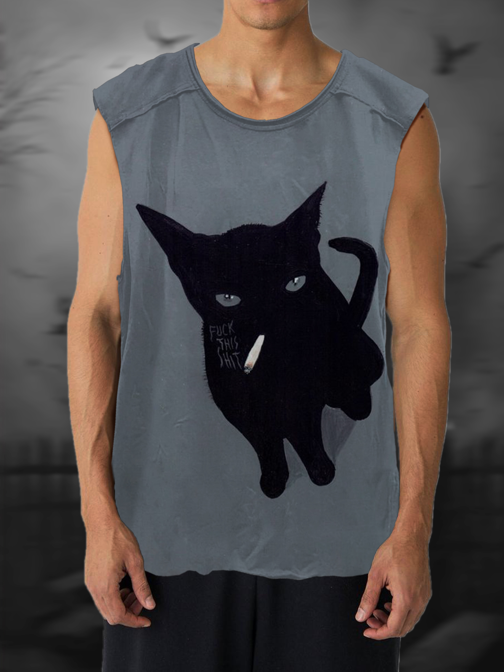 Fuck Somkecat Print 100% Cotton Casual Tank Top