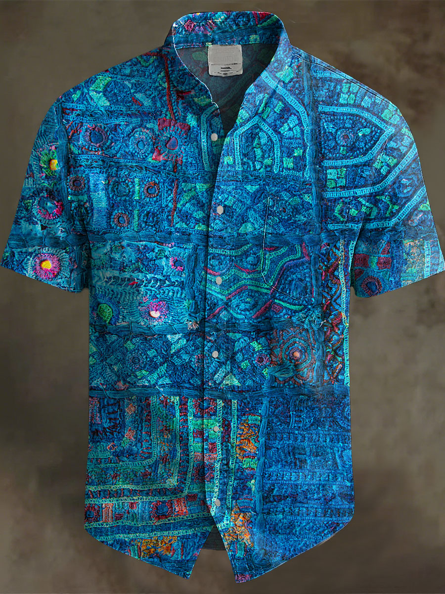 Vintage Abstract Art Nationality Print Casual 100% Cotton Shirt