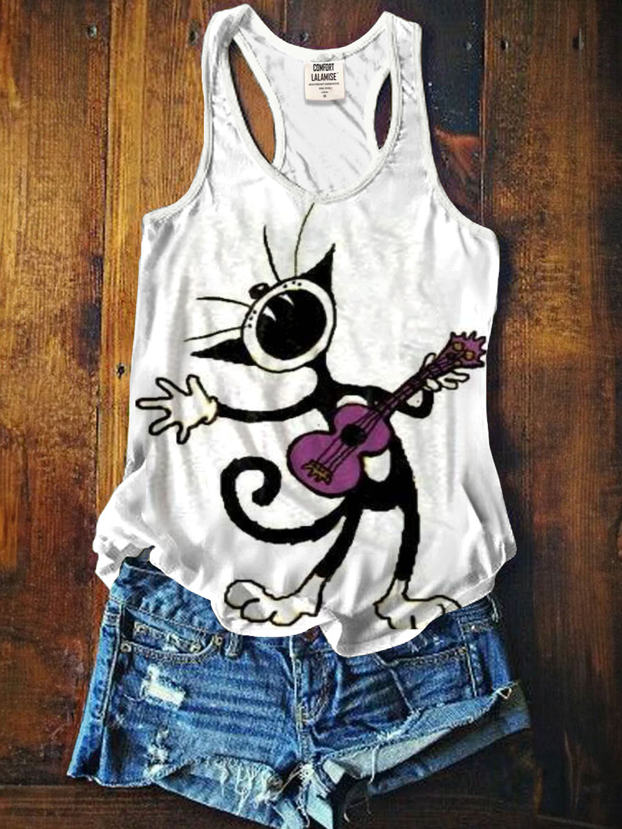 Funny Cat Play Music Art Print Tank Top