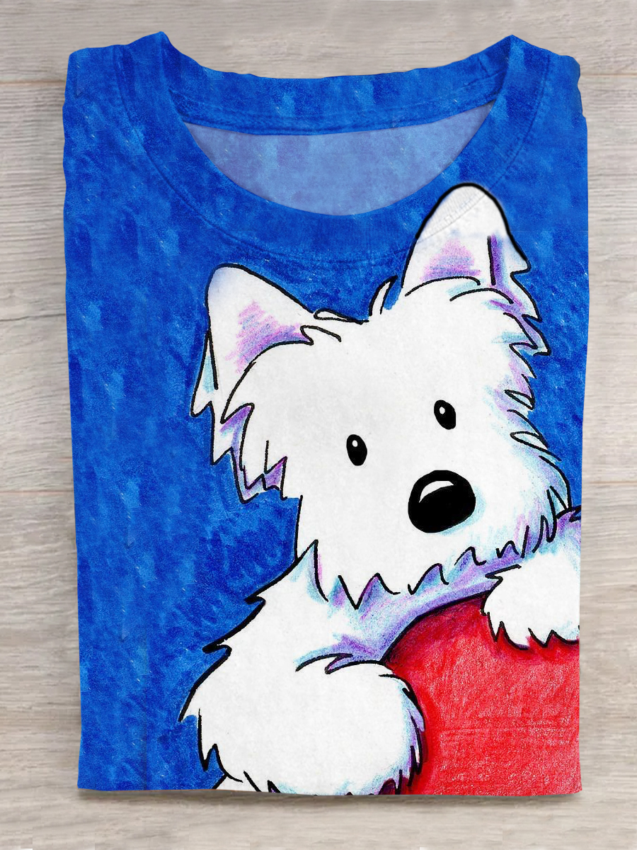 Dog Art Printed Crew Neck Short Sleeve T-Shirt