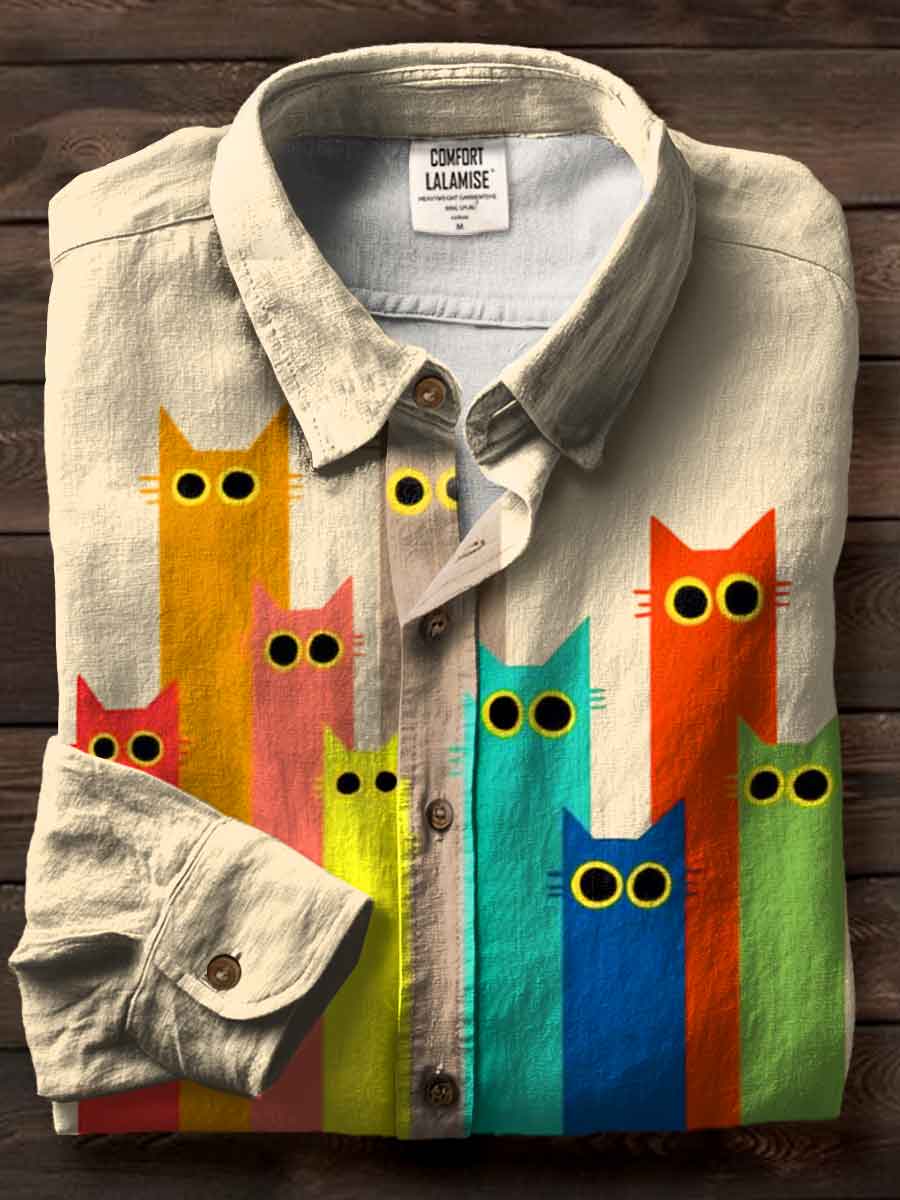 Cute Abstrct Cat Art Print Casual Cotton Shirt