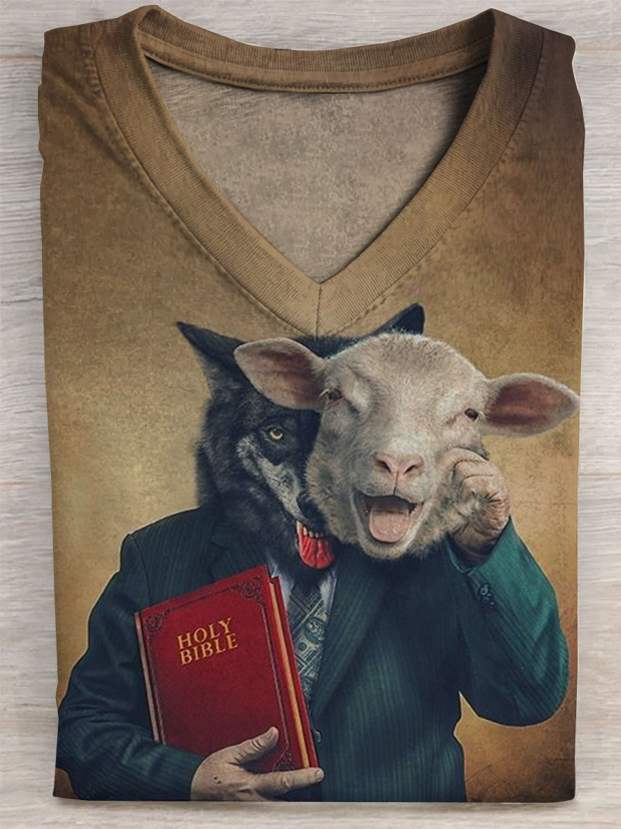 Vintage Funny Print V-neck Casual T-Shirt