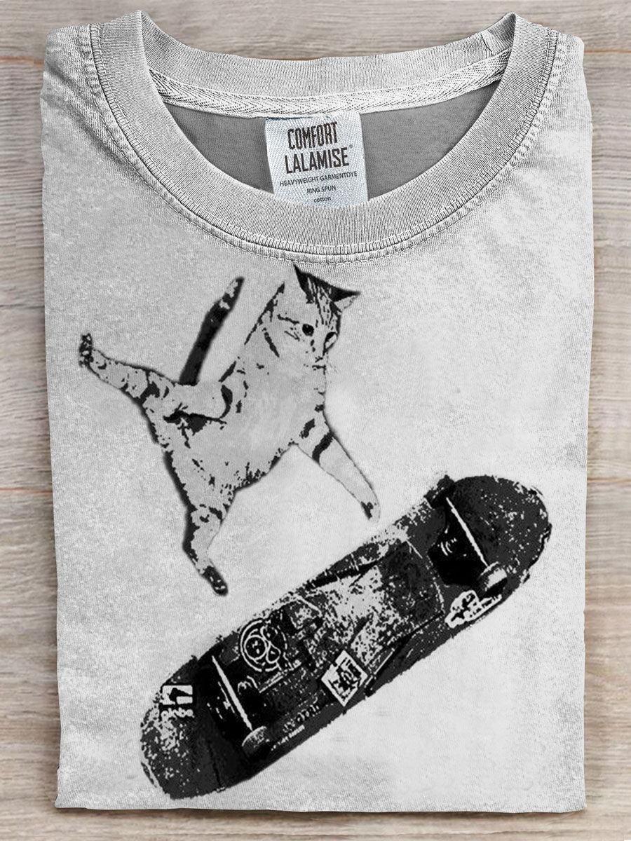 Skateboard Cat Art Prints Casual T-shirt