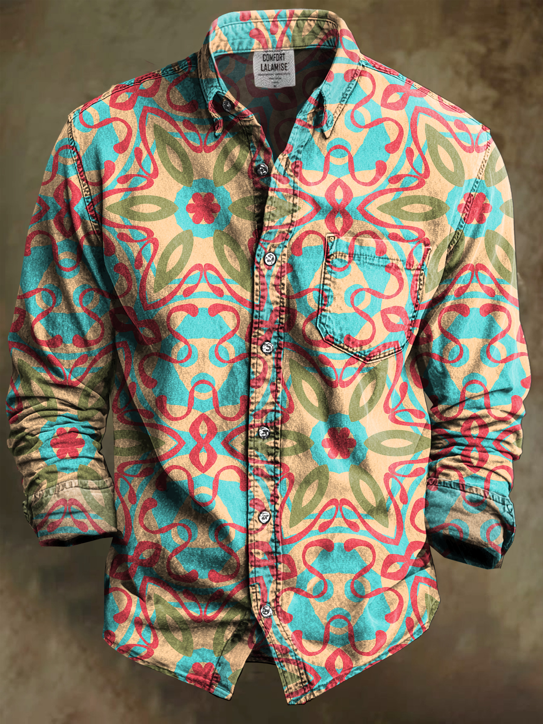 Vintage Abstract Ethnic colorful Art Print 100% Cotton Long Sleeve Shirt