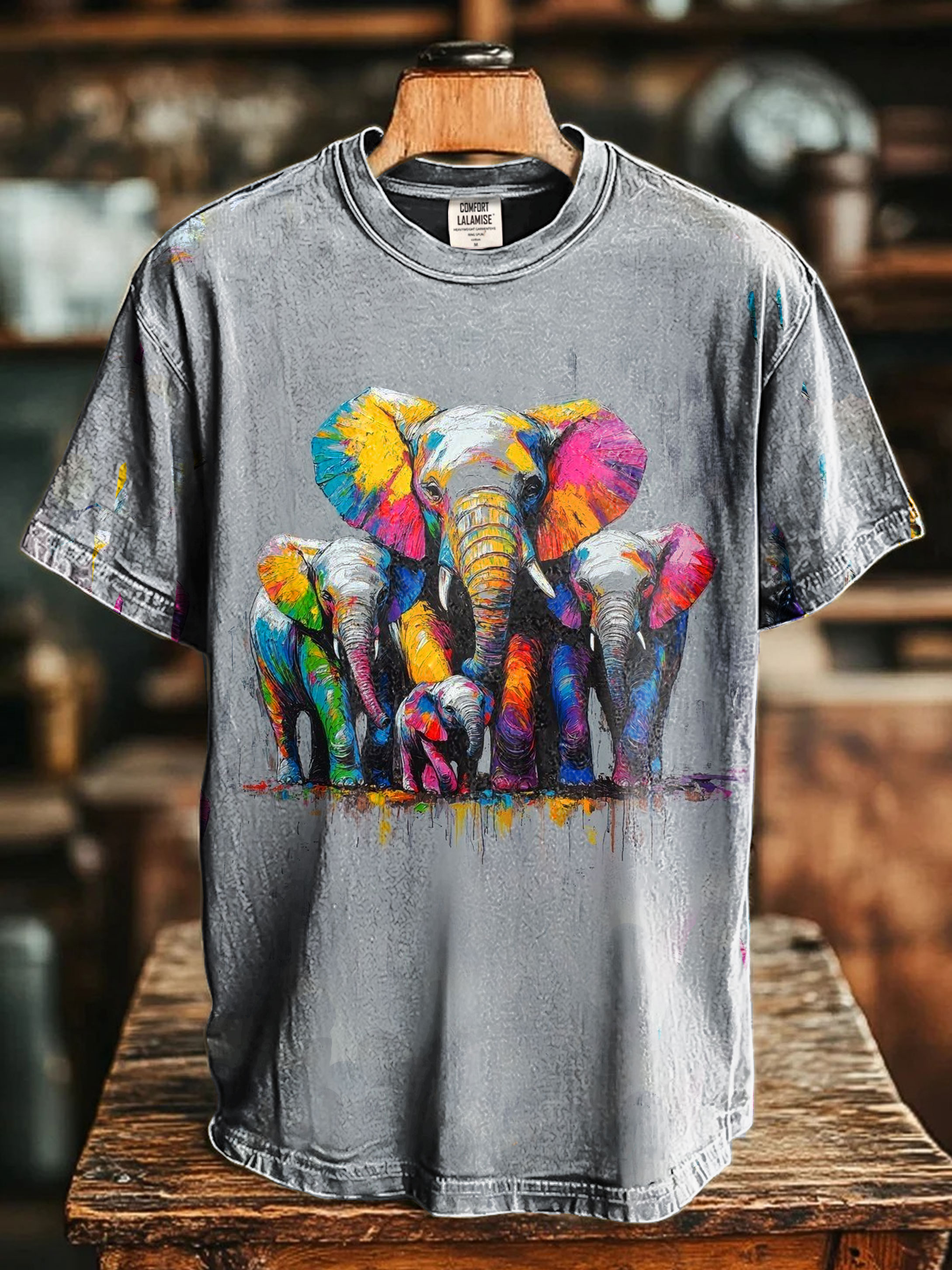 Famliy Elephant Art Print Casaul Short Sleve T-shirt