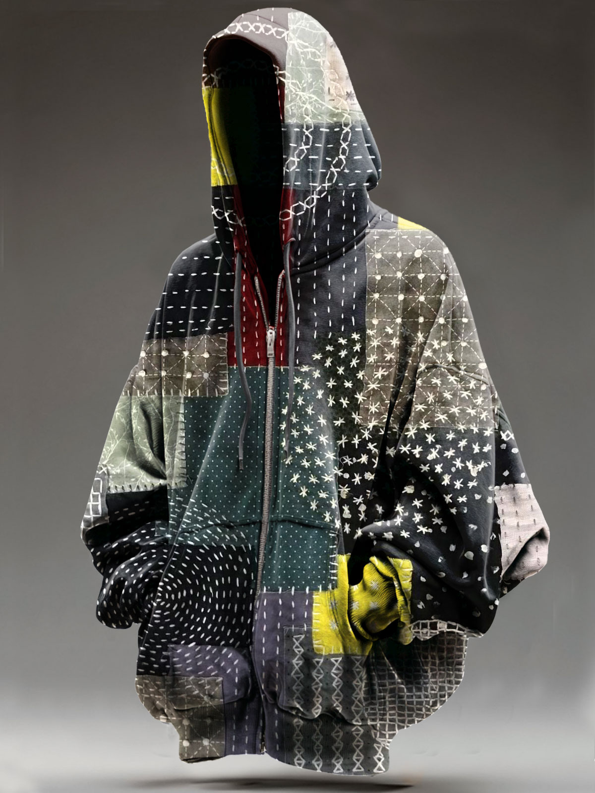 Vintage Patchwork Art Print Casual Zip Hoodie Sweatshirt