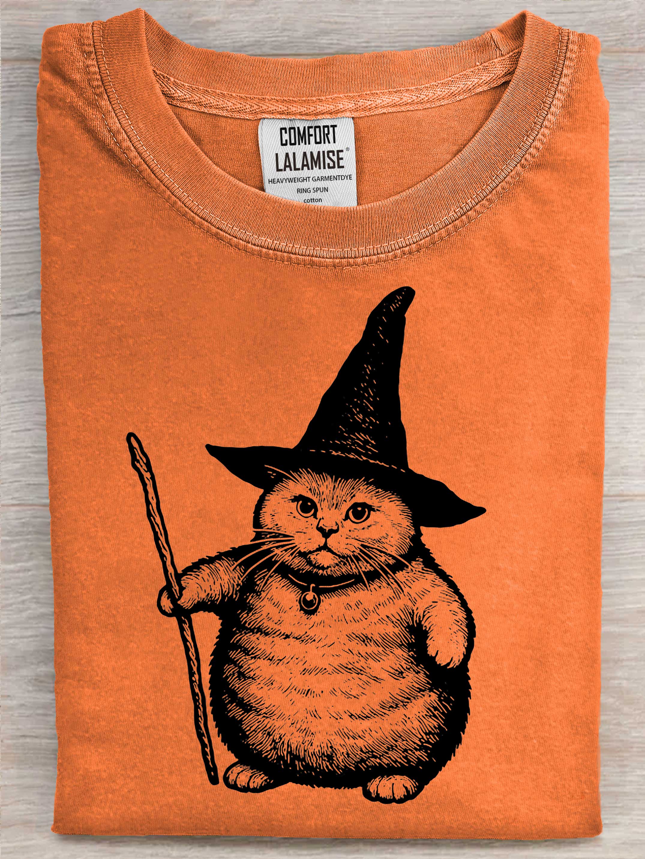Wizard Cat Weird Halloween Art Print Casual Cotton Short Sleeve T-shirt