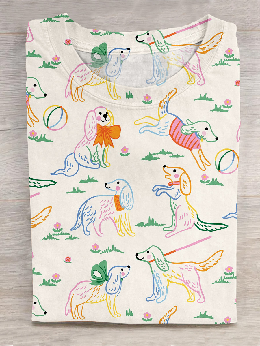 Rainbow Dog Art Print Casual Short Sleeve T-Shirt