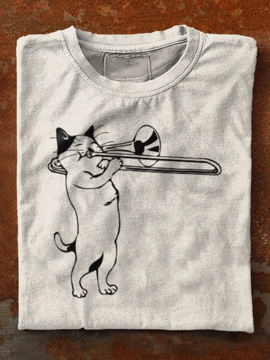 Cute cat playing trombone music instruments Art Print Casaul Short Sleeve T-shirt