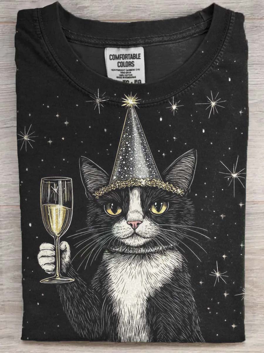Fun Party Cat Print Casual Short Sleeve T-Shirt