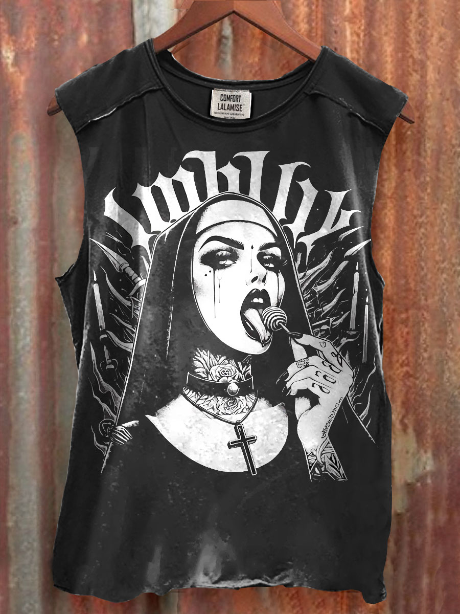Unholy Nun Funny Horror  Vintage Print 100% Cotton Casual Tank Top