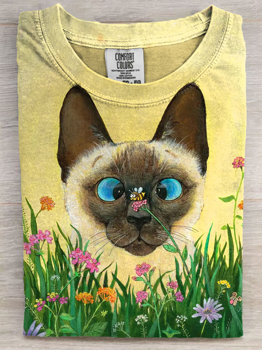 Cute Funny Cat Art Print Casaul Short Sleeve T-shirt