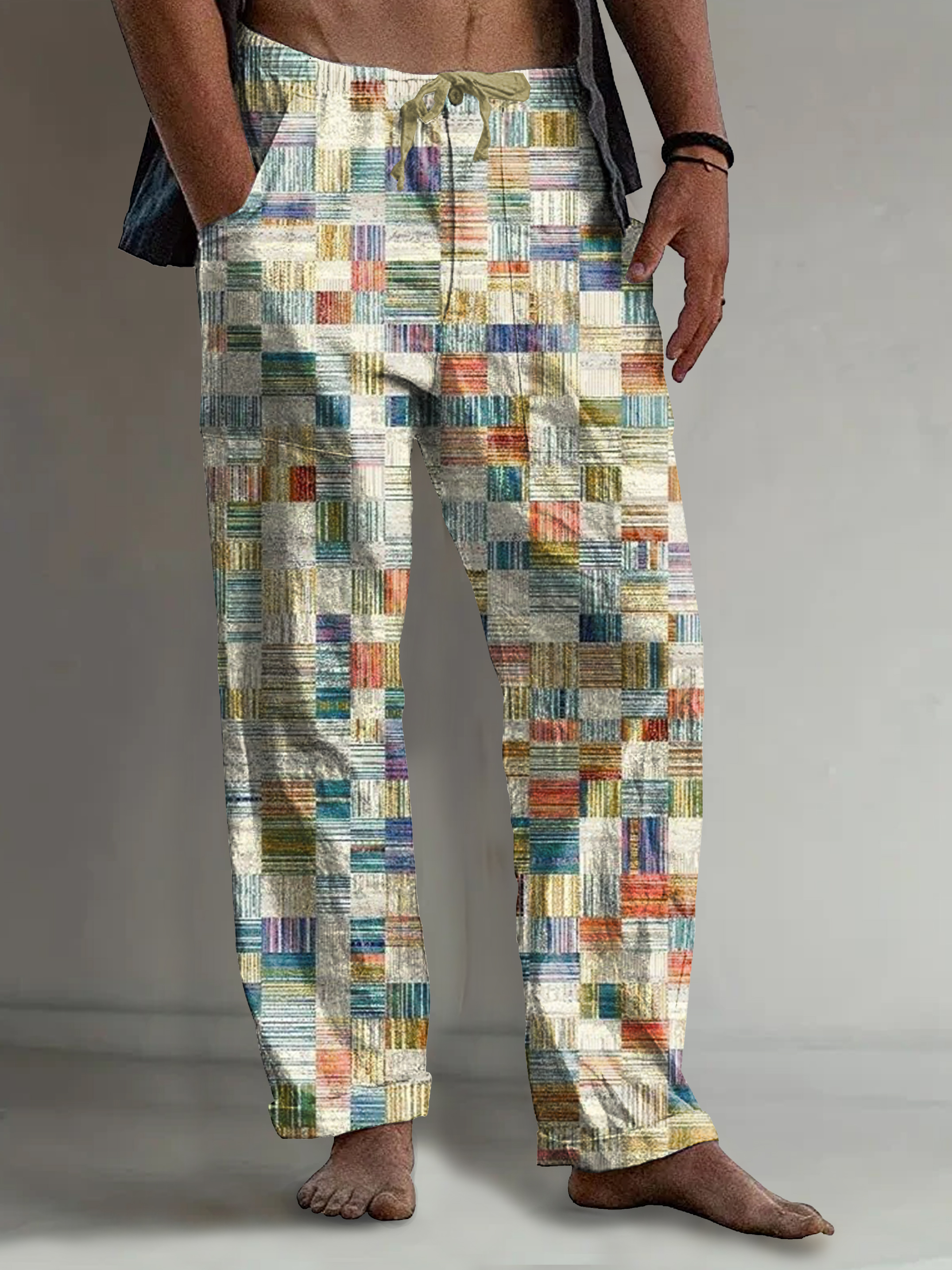 Men's Vintage Colorful Plaid  Art Print Comfy 100% Cotton Pants