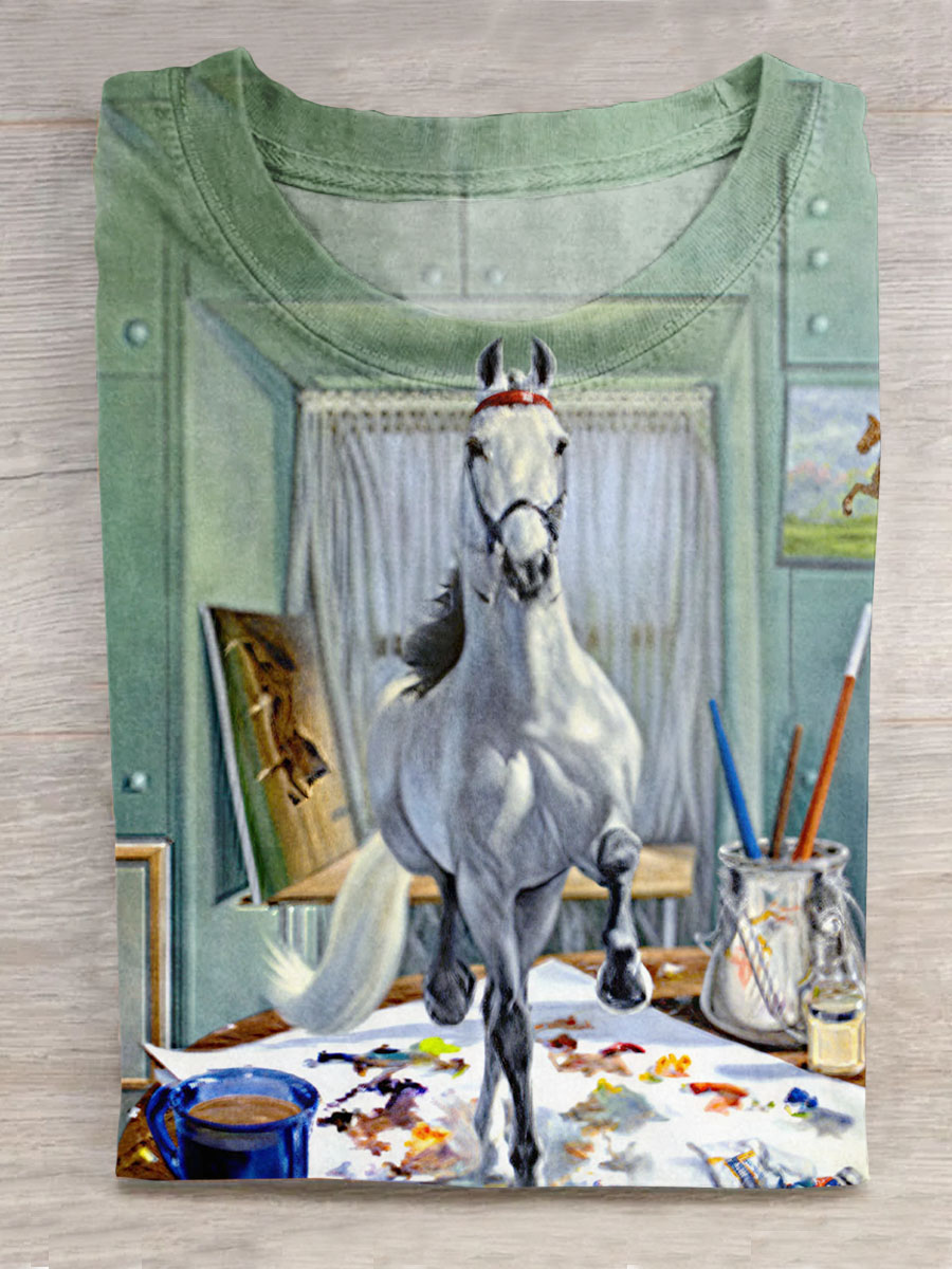 Oil Painting Horse Print Short Sleeves