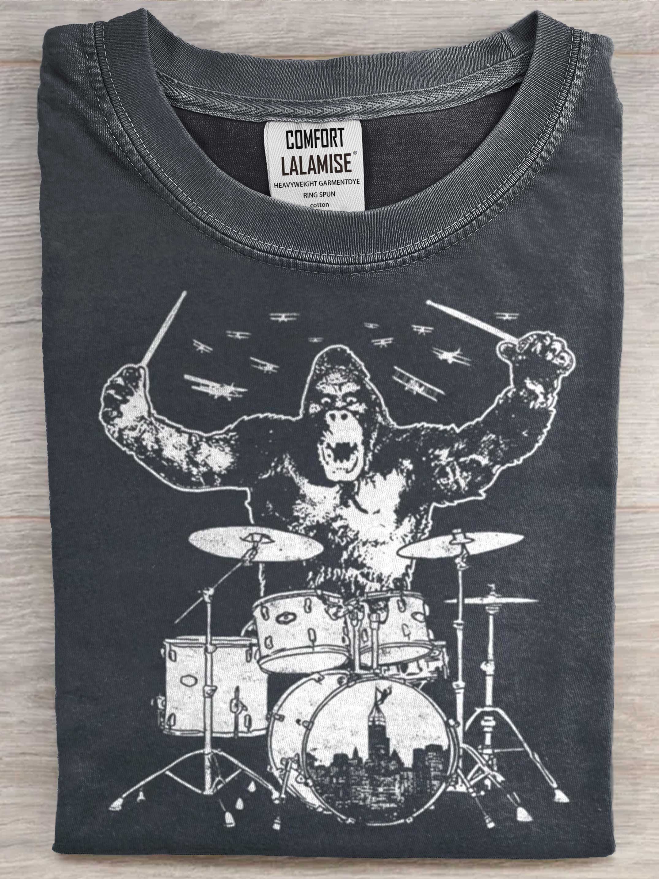 Funny Vintage Guitar Monster Rock Drums Art Print Casaul Short Sleeve T-shirt