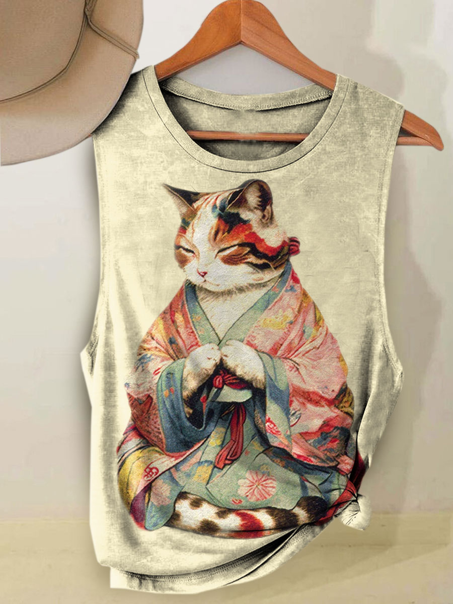 Japanese Cat Print Casual Tank Top