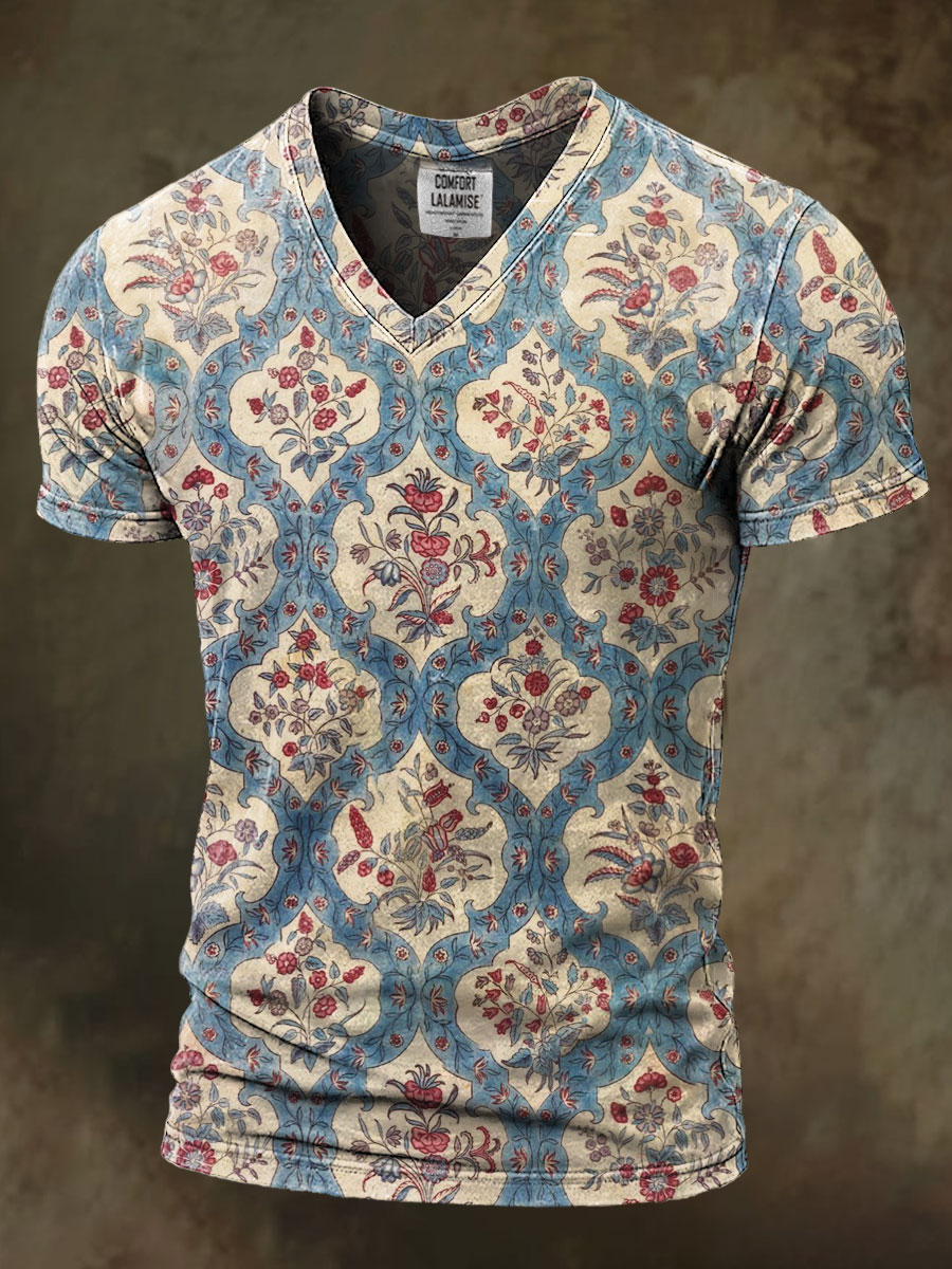 Retro Flower Art Print Casaul Short Sleeve V-neck T-shirt