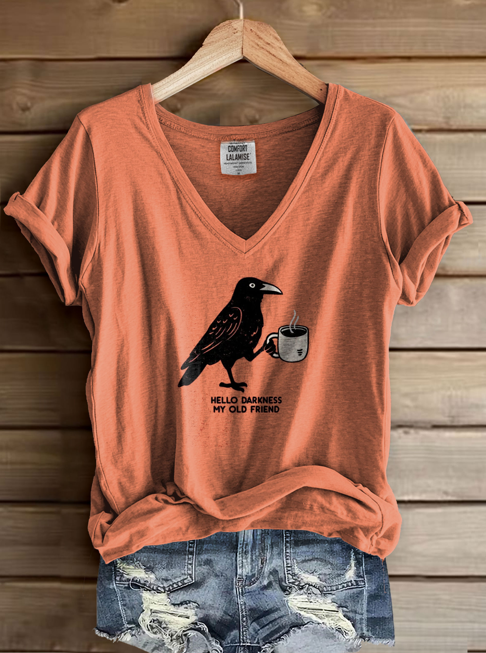 Raven Crow Coffee Print V-neck Casual T-Shirt