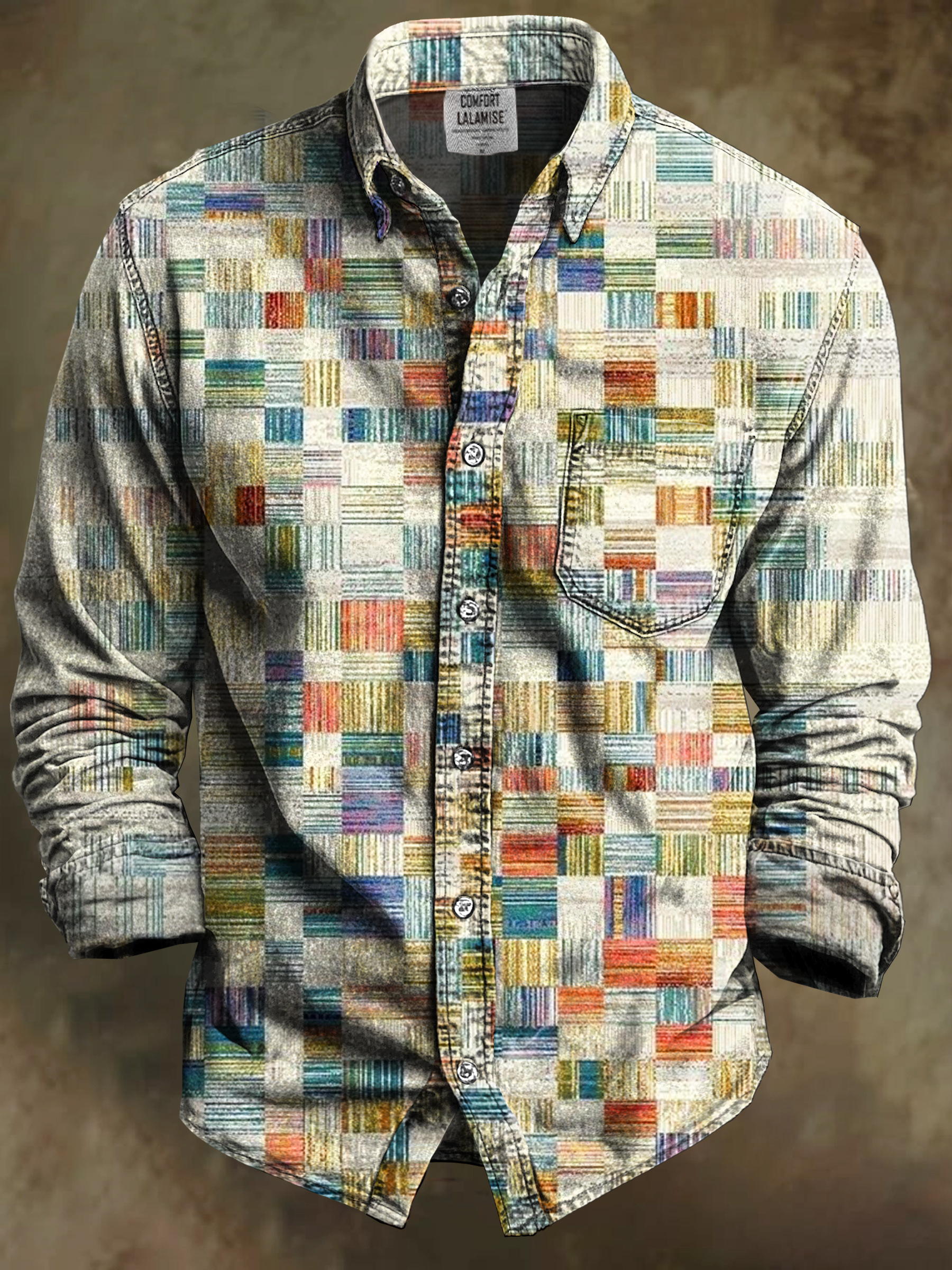 Vintage Abstract Checkered pattern Art Print 100% Cotton Long Sleeve Shirt