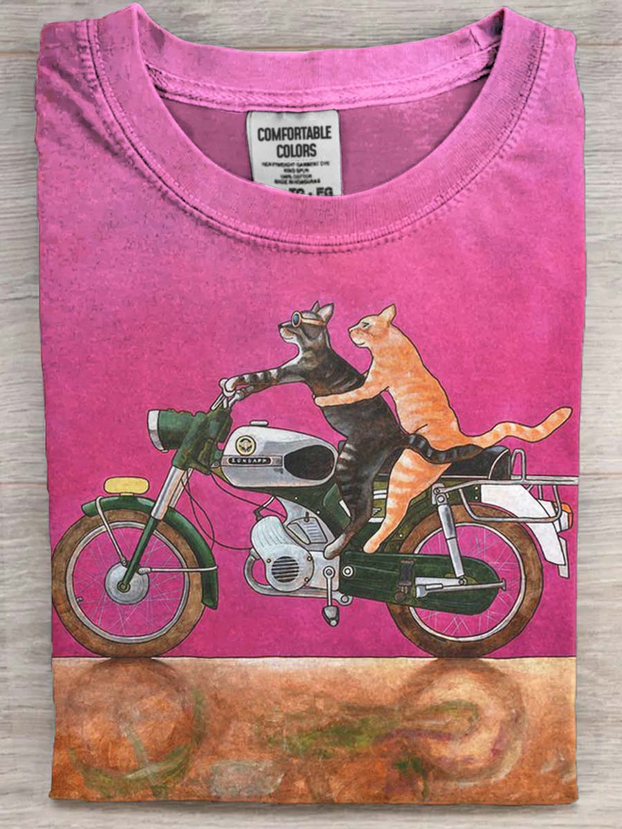Funny Cat Biker Printed Casual Short Sleeve T-Shirt