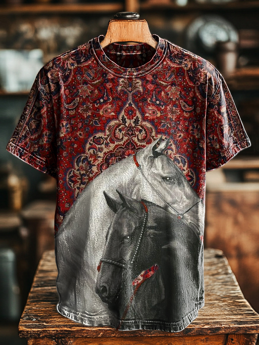 Unisex Retro Ethnic Floral Horse Print Casual Loose Short Sleeve T-Shirt