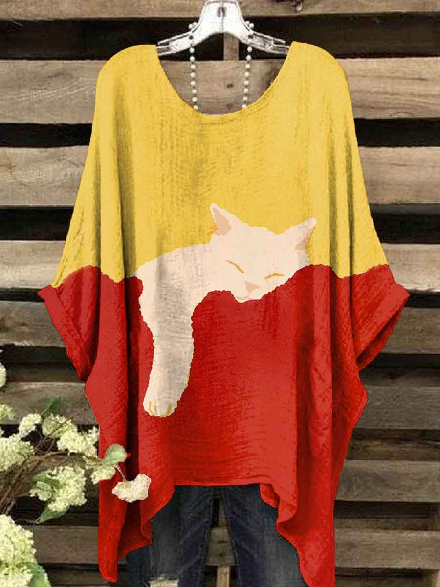 Women's Cute Lazy Cat Art Print Casual Top
